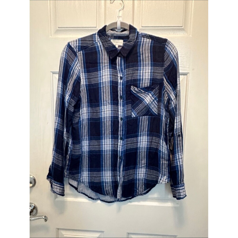 Lucky Brand Navy Blue and White Casual Plaid Button-Down Shirt Size Small